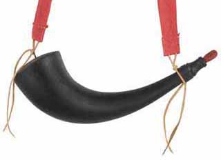Eastern Buffalo Powder Horn,
13-3/4" low domed base with staple, red linen strap, 
hand made, by Scott & Cathy Sibley Eastern Buffalo Powder Horn,
13-3/4" low domed base with staple, red linen strap, 
hand made, by Scott & Cathy Sibley